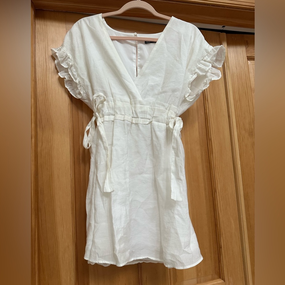 Zara White V-neck Side Tie Mini Dress Womens